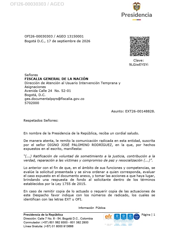 La Presidencia de Colombia remitió a la Fiscalía la solicitud de sometimiento a la justicia de alias Digno Palomino - crédito suministrado a Infobae