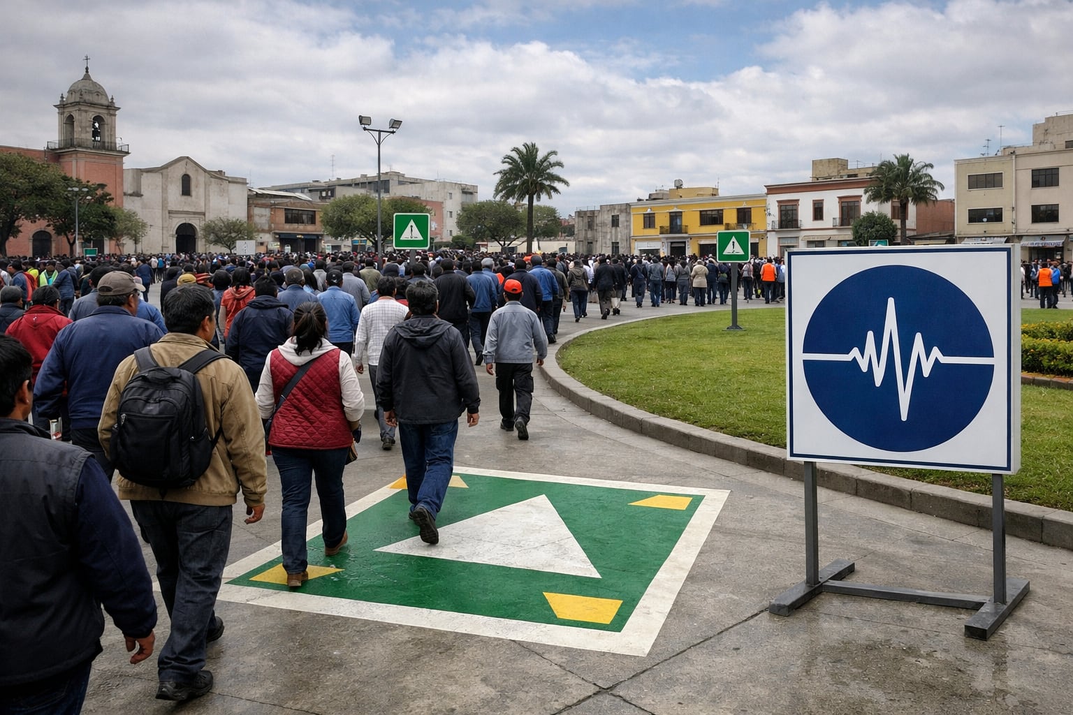 Miles de personas participan en un simulacro sísmico en una plaza central peruana, evacuando ordenadamente siguiendo la señalización de seguridad y carteles del Instituto Geofísico del Perú (IGP). (Imagen Ilustrativa Infobae)