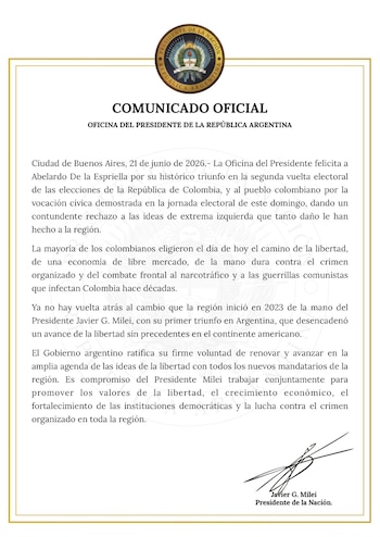 El saludo de felicitación escrito en la cuenta de X de la Oficina del Presidente a Abelardo de la Espriella (@OPRArgentina)