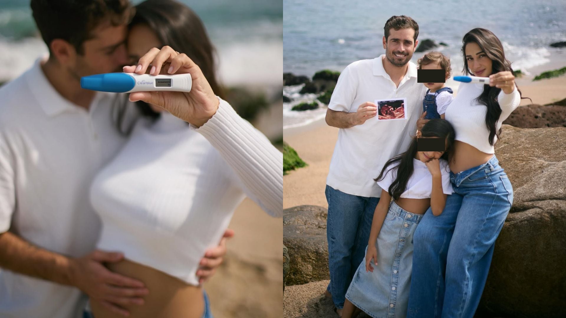 Valery Revello comparte la feliz noticia de su tercer embarazo junto a su pareja e hijas en la playa, mostrando una prueba positiva y una ecografía.
