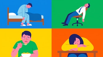 Ilustración editorial plana separada en cuatro cuadrículas con fondos de colores lisos: hombre cansado en cama, hombre durmiendo en silla, hombre comiendo con fatiga, mujer dormida en mesa.