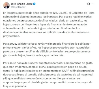 José Ignacio López, presidente del Centro de Pensamiento Económico Anif, dijo que el Gobierno de Petro sobreestimó sistemáticamente los ingresos - crédito @JoseILopez/X