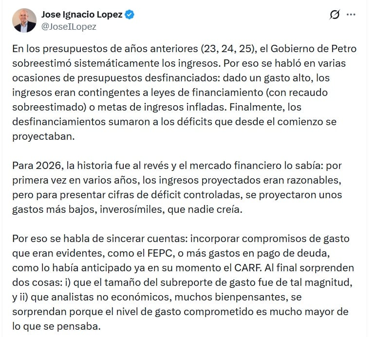 José Ignacio López, presidente del Centro de Pensamiento Económico Anif, dijo que el Gobierno de Petro sobreestimó sistemáticamente los ingresos - crédito @JoseILopez/X