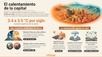 Infografía con datos sobre temperatura, una ilustración de la Ciudad de México e íconos sobre la urbanización y el clima local.