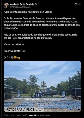 Abelardo de la Espriella informó la incautación de más de cuatro toneladas de cocaína - crédito @ABDELAESPRIELLA / X