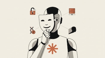 Un androide sostiene una máscara con sonrisa frente a su rostro junto a íconos de un candado roto, ADN, un servidor y una silueta.
