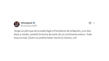 Captura de pantalla de una publicación en la red social X del usuario totocaputo con un texto de cuatro líneas sobre fondo blanco