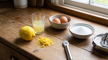 Limón, ralladura de limón, jugo de limón en un vaso, un rallador, dos huevos en un cuenco, azúcar en un cuenco y un exprimidor sobre una mesa de madera