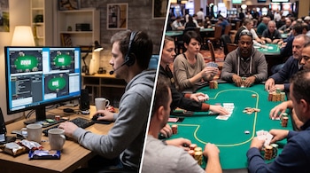 Imagen dividida con un hombre frente a una computadora a la izquierda y un grupo de personas sentadas en una mesa de cartas a la derecha.