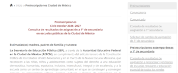 El portal oficial de la AEFCM permite realizar distintos trámites, la opción para consultar los resultados de ingreso a secundaria se encuentra de lado derecho. (Imagen Ilustrativa Gobierno de México)