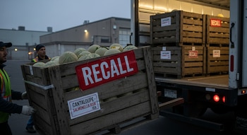 Dos trabajadores mueven una caja de madera llena de melones cantalupo, con un letrero rojo de "RECALL", hacia un camión de carga.