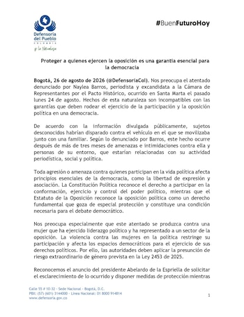 La Defensoría del Pueblo advirtió que el atentado denunciado por Naylea Barros, periodista y excandidata a la Cámara de Representantes por el Pacto Histórico, compromete garantías básicas para el ejercicio de la oposición política en Colombia - crédito Deferesoría del Pueblo