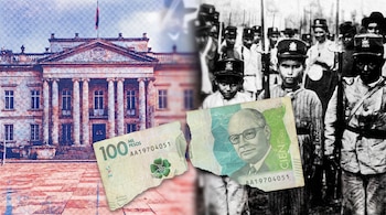 Composición de tres imágenes: Casa de Nariño texturizada a la izquierda, soldados de la Guerra de los Mil Días a la derecha y un billete de mil pesos roto en primer plano.
