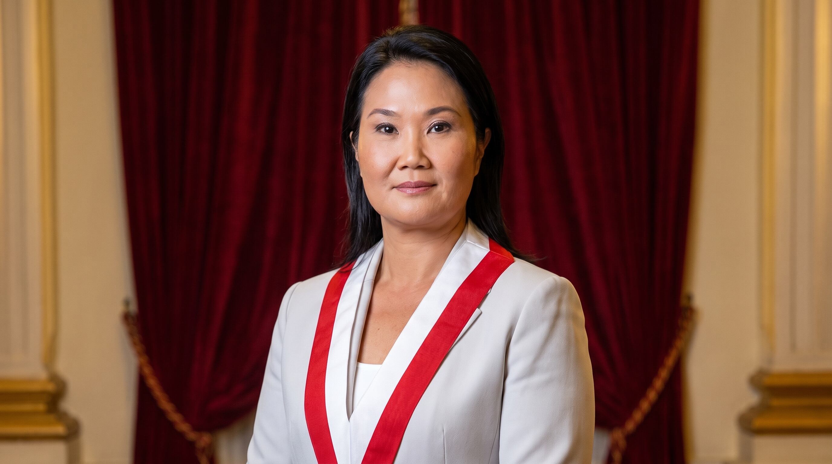 Keiko Fujimori posa para un retrato editorial con la banda presidencial de Perú y su escudo, frente a un telón rojo en el interior del Congreso peruano. (Imagen Ilustrativa Infobae)