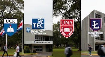 Cuatro imágenes de edificios universitarios de Costa Rica, con los logos de UCR, TEC, UNA y Universidad Latina, banderas y estudiantes desenfocados.