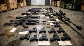Pistolas, fusiles de asalto, munición y etiquetas de evidencia extendidas sobre el piso de concreto en un depósito.