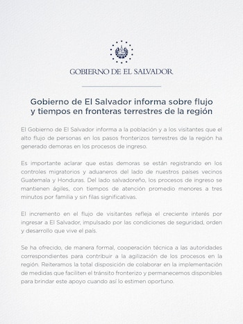 El gobierno de El Salvador aseguró agilidad en el ingreso al país, con tiempos de menos de tres minutos por familia en sus fronteras terrestres. (Cortesía: Gobierno de El Salvador)