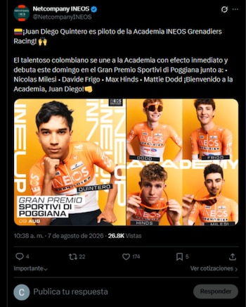 Juan Diego Quintero, de 19 años, debutará este domingo en el Gran Premio Sportivi di Poggiana con el equipo de desarrollo de INEOS-crédito @NetcompanyINEOS/X