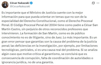 Captura de pantalla con una publicación en texto firmada por la cuenta de César Nakazaki en una red social
