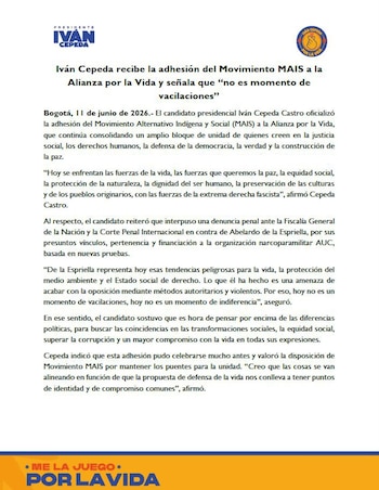 El congresista sostuvo que no hay tiempo de vacilaciones de cara a la segunda vuelta presidencial - crédito prensa Iván Cepeda