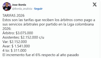El salario de los árbitros profesionales en Colombia para el año 2026 - crédito José Borda/X
