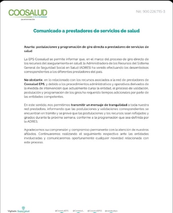 La EPS aseguró que las validaciones y postulaciones se encuentran en trámite y que los recursos serían girados en los próximos días - crédito Coosalud