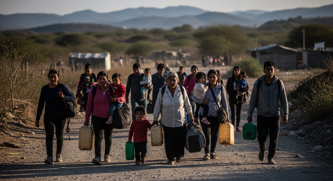 Familias, incluyendo mujeres y niños, caminan por un camino polvoriento en Sinaloa, huyendo de la violencia que ha forzado el desplazamiento de tres mil personas en la región. (Imagen Ilustrativa Infobae)