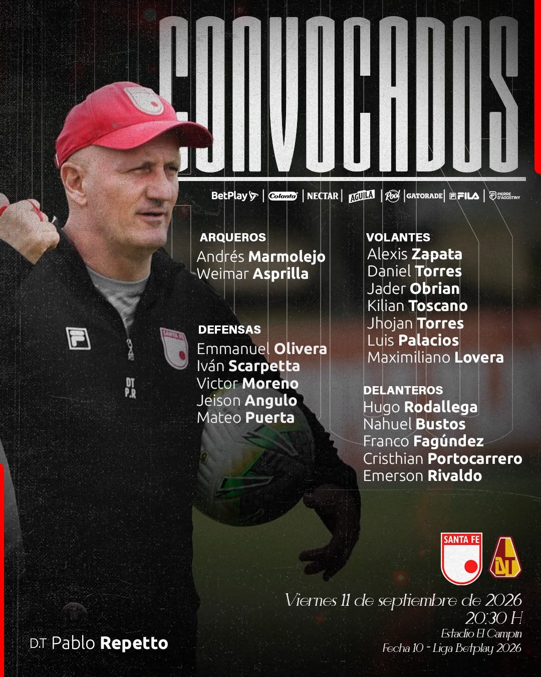 El equipo de Pablo Repetto para recibir al Tolima-crédito Jefatura de Prensa de Santa Fe