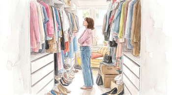 Una mujer de cabello castaño mira la ropa en un vestidor lleno de estantes, percheros, ropa, zapatos, bolsos, cajas y una ventana al fondo.