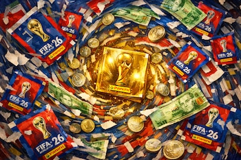 Ilustración digital de sobres Panini FIFA 2026, billetes y monedas peruanas formando un torbellino alrededor de un álbum Panini dorado central.