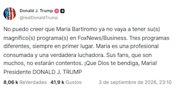 Captura de pantalla de un mensaje impreso de Donald Trump en español sobre Maria Bartiromo y sus programas en el canal Fox News