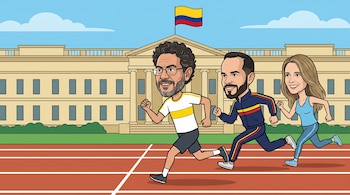 Una ilustración tipo caricatura muestra a Iván Cepeda, Abelardo de la Espriella y Paloma Valencia, los tres favoritos en las encuestas, corriendo una "maratón" para ganar la presidencia de Colombia - crédito imagen ilustrativa Infobae.