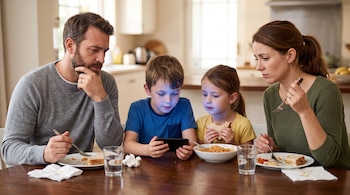 Un hombre, una mujer y dos niños sentados a la mesa comiendo, con los niños mirando la pantalla de un teléfono móvil.
