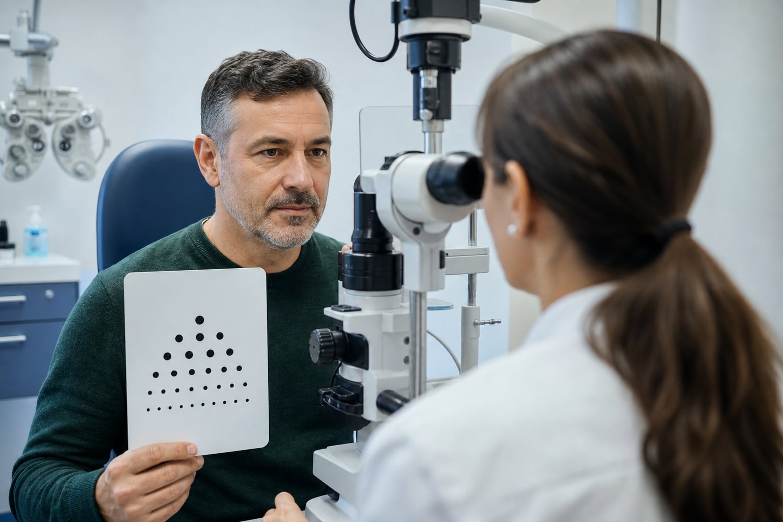 Un paciente sostiene un gráfico de prueba visual durante una revisión ocular realizada con una lámpara de hendidura en un consultorio especializado. (Imagen Ilustrativa Infobae)