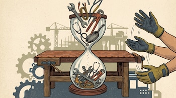 Ilustración de un reloj de arena sobre una mesa de trabajo de madera, repleto de herramientas que caen, y manos con guantes a la derecha.