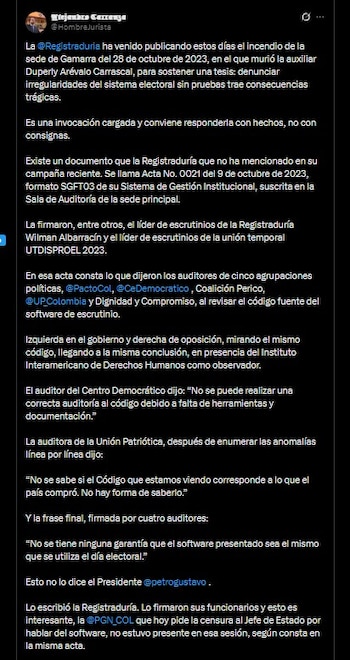 El abogado divulgó el acta 0021 de 2023 y afirmó que las dudas sobre el software electoral están documentadas por la propia Registraduría - crédito Alejandro Carranza/X