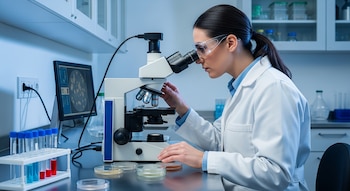 Científica en guardapolvo blanco y gafas de protección mira por un microscopio en un laboratorio con placas de Petri, tubos de ensayo y monitor de computadora.