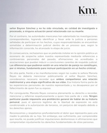 La defensa jurídica sostuvo que Marcela Reyes mantiene el derecho a la libertad de expresión para relatar su propia historia matrimonial - crédito @km_abogados/Instagram