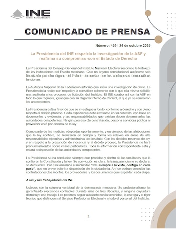 Documento membretado con el logotipo del Instituto Nacional Electoral que presenta un comunicado de prensa titulado con texto en varios párrafos