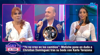 Três apresentadores de painéis de TV; o do meio segura um microfone e um telefone. Um círculo laranja mostra Christian Domínguez e Karla Tarazona em seu casamento.