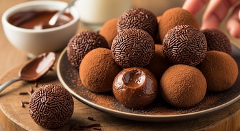 Primer plano de un plato de bolitas de chocolate y leche, algunas con chispas y otras con cacao en polvo, sobre una tabla de madera. Se ve una mano al fondo.