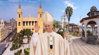 Fotomontaje de un pontífice con mitra y báculo entre la catedral amarilla de Chiclayo y una plaza con quiosco bajo cielo despejado.