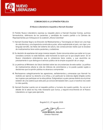 El Nuevo Liberalismo expresó su respaldo a Hanna Escobar y pidió al Ministerio de Salud aclarar las circunstancias que rodearon su salida - crédito @NvLiberalismo/X
