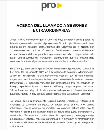 El comunicado del PRO sobre