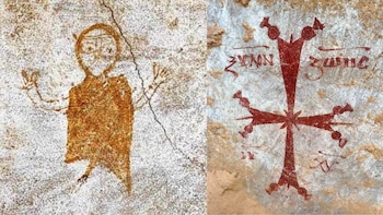 Algunas de las decoraciones murales encontradas en el monasterio cristiano del siglo IV descubierto en Egipto. (Ministerio de Turismo y Antigüedades de Egipto)