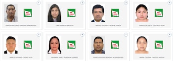 Cuadrícula de ocho retratos de hombres y mujeres con el logo de Perú Federal y sus nombres. Muestra candidatos o miembros del partido político