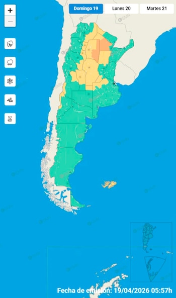 Mapa de Argentina con alertas meteorológicas para el 19 de abril de 2026, mostrando regiones en verde, amarillo y naranja, con opciones de navegación a la izquierda