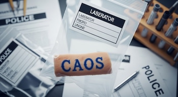 Una bolsa de evidencia transparente con etiqueta de laboratorio contiene un fragmento de piel tatuado con "caos". Al fondo, papeles policiales y tubos de ensayo.