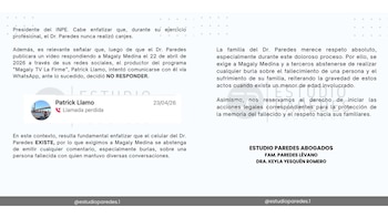 Documento digital con un comunicado legal en español del Estudio Paredes Abogados, mencionando a Magaly Medina, Iván Paredes Yataco y una llamada perdida