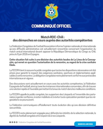 Comunicado de la Federación Congoleña de Fútbol sobre la situación para el partido amistoso de la República Democrática del Congo vs. Chile - crédito Federación Congoleña de Fútbol